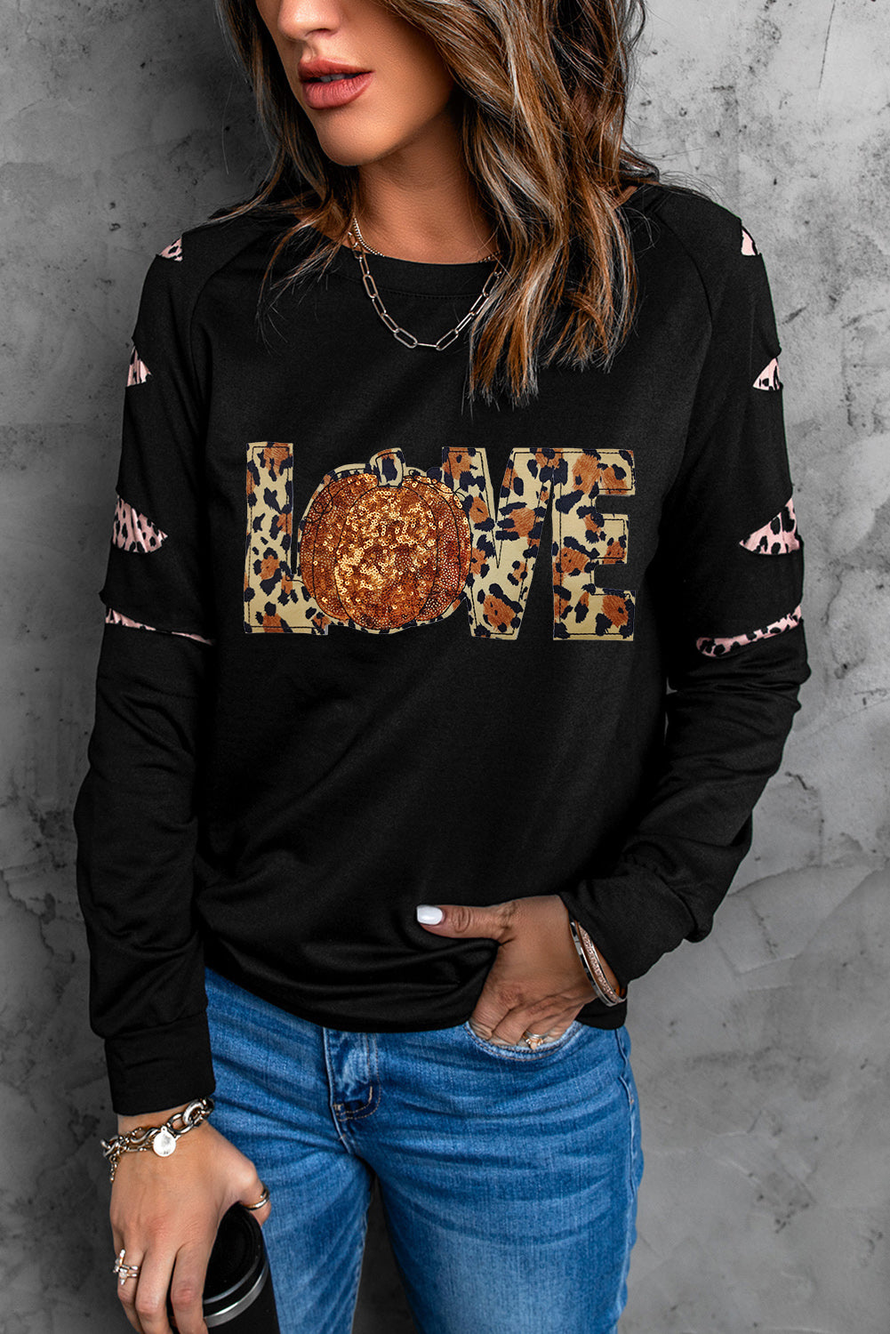 Sequin Leopard Long Sleeve Sweatshirt Black
