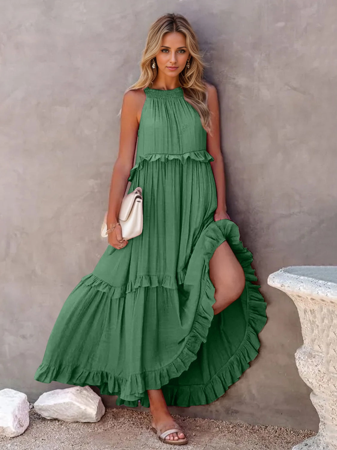 Ruffled Sleeveless Tiered Maxi Dress with Pockets Dark Green
