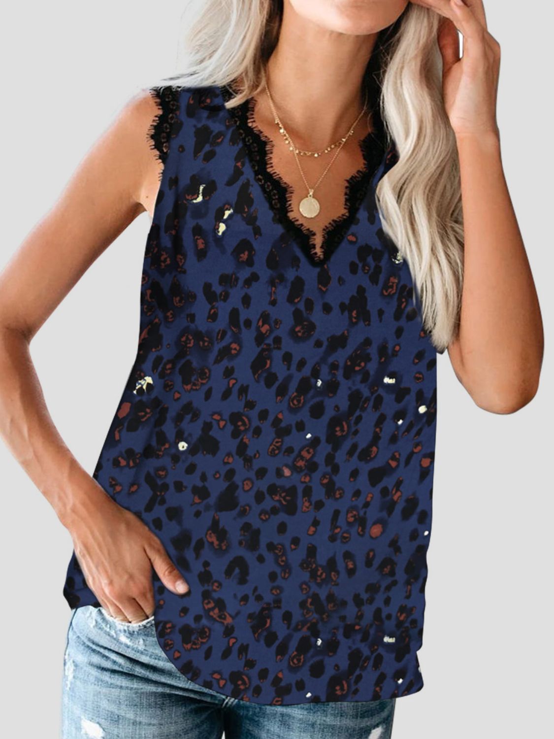 Lace Detail V-Neck Tank Dark Blue
