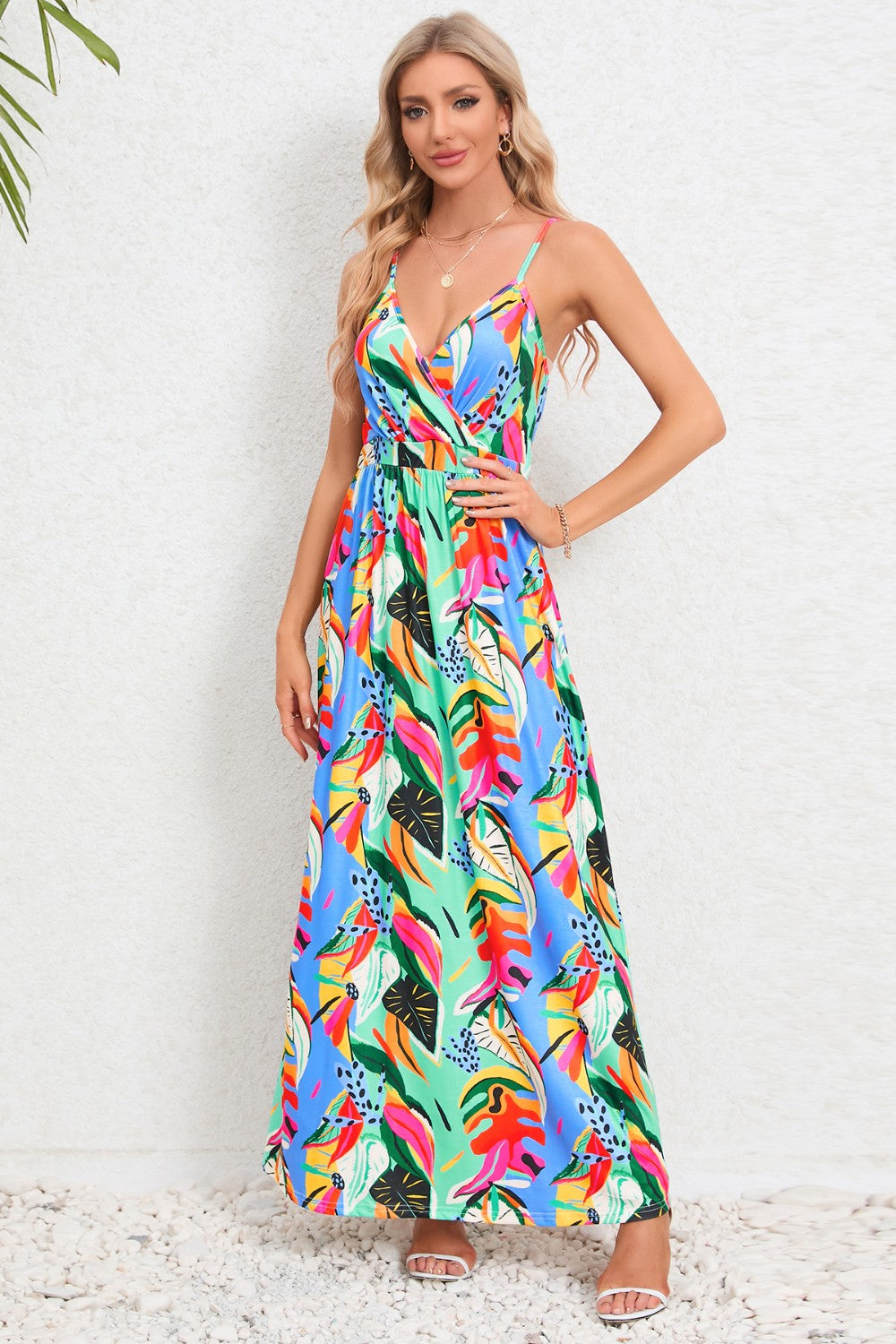 Printed Surplice Maxi Cami Dress Light Blue