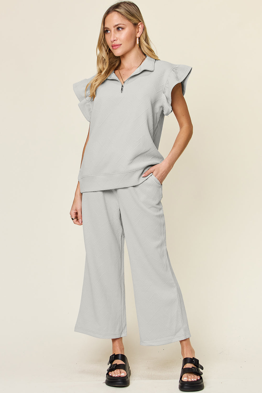 Double Take Texture Ruffle Short Sleeve Top and Drawstring Wide Leg Pants Set Light Gray