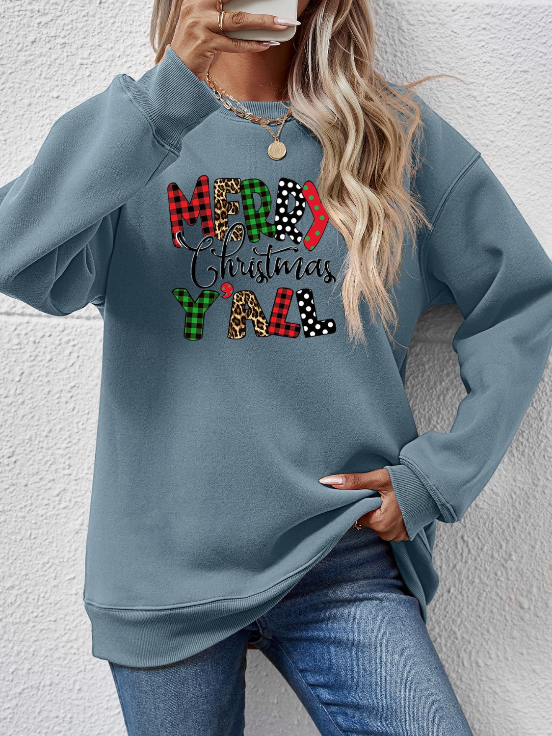 Letter Graphic Round Neck Long Sleeve Sweatshirt French Blue