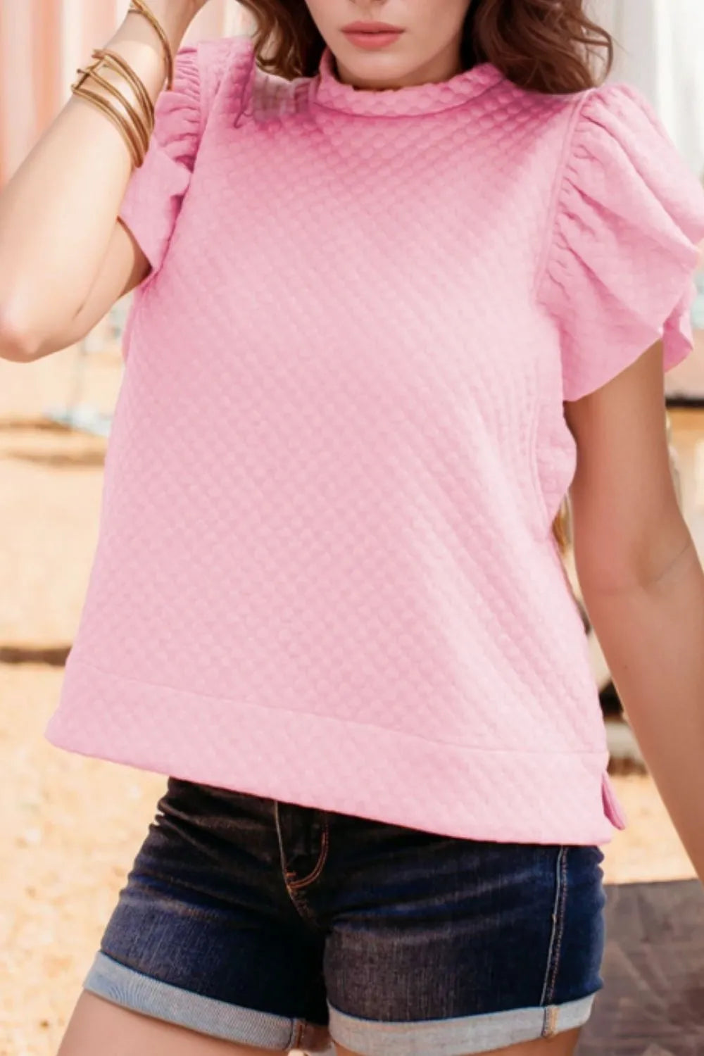 Textured Ruffle Cap Sleeve Top Pink
