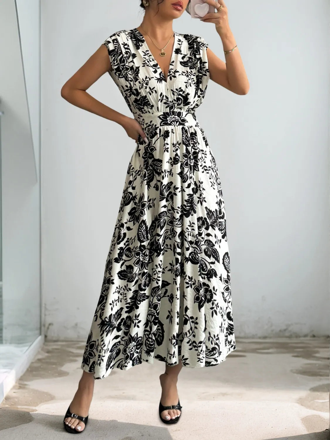 Printed V-Neck Cap Sleeve Dress