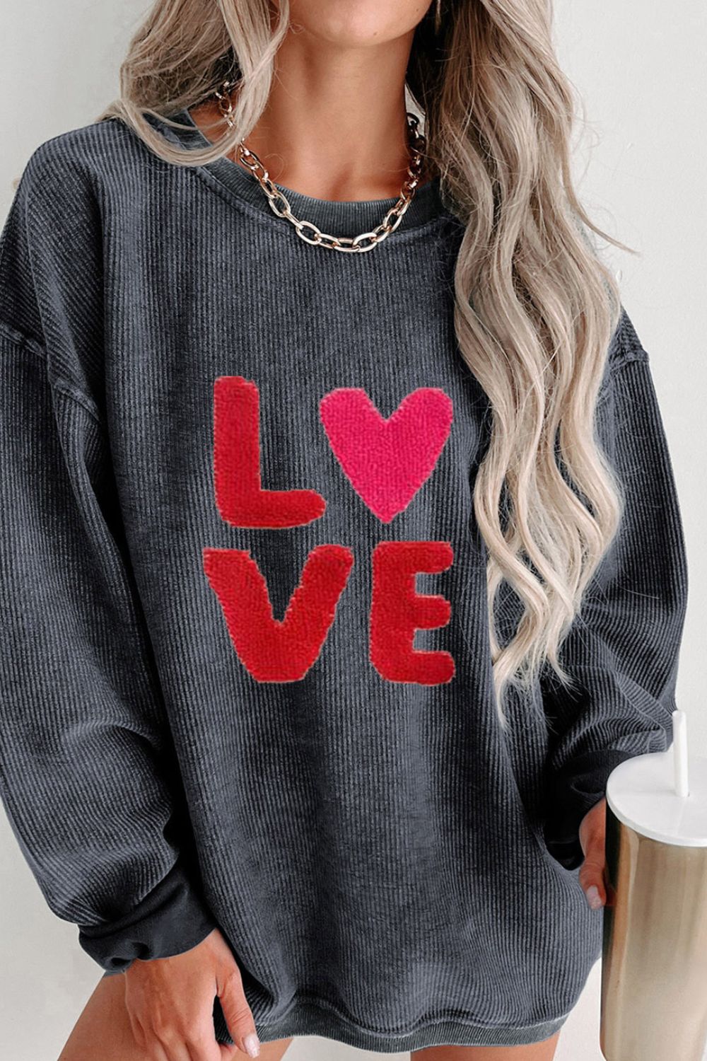 Valentine’s Day LOVE Round Neck Long Sleeve Sweatshirt Dark Gray
