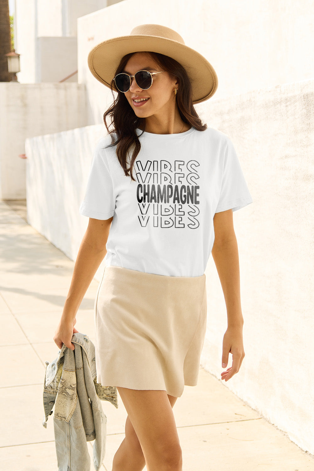 Simply Love Full Size CHAMPAGNE VIBES Short Sleeve T-Shirt White