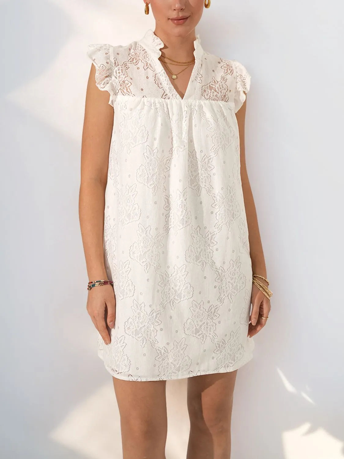 Lace Notched Cap Sleeve Mini Dress White
