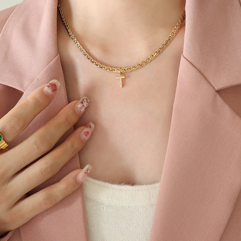 Brass Inlaid Zircon Letter Pendant Necklace Style T One Size