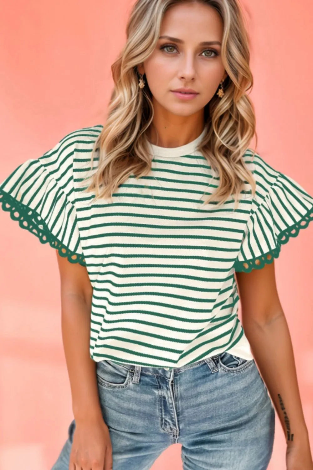 Striped Round Neck Ruffle Sleeve Blouse Dark Green