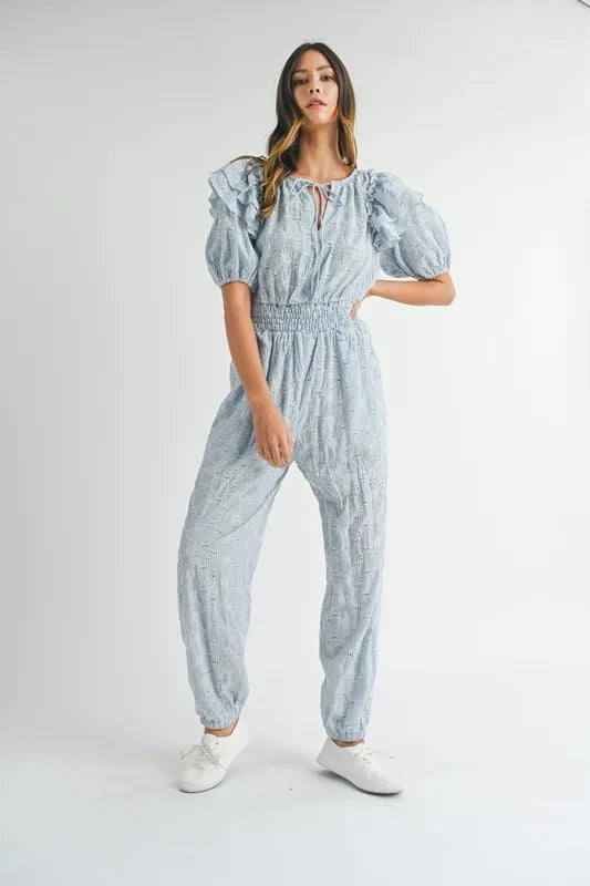 MABLE Eyelet Lace Ruffle Shoulder Jumpsuit