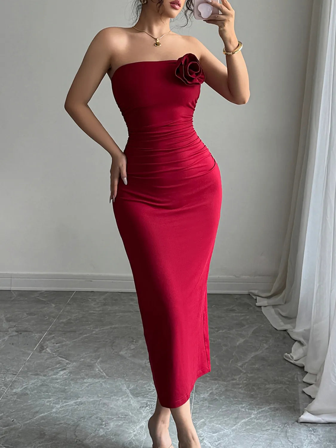 Slit Back Flower Tube Midi Dress
