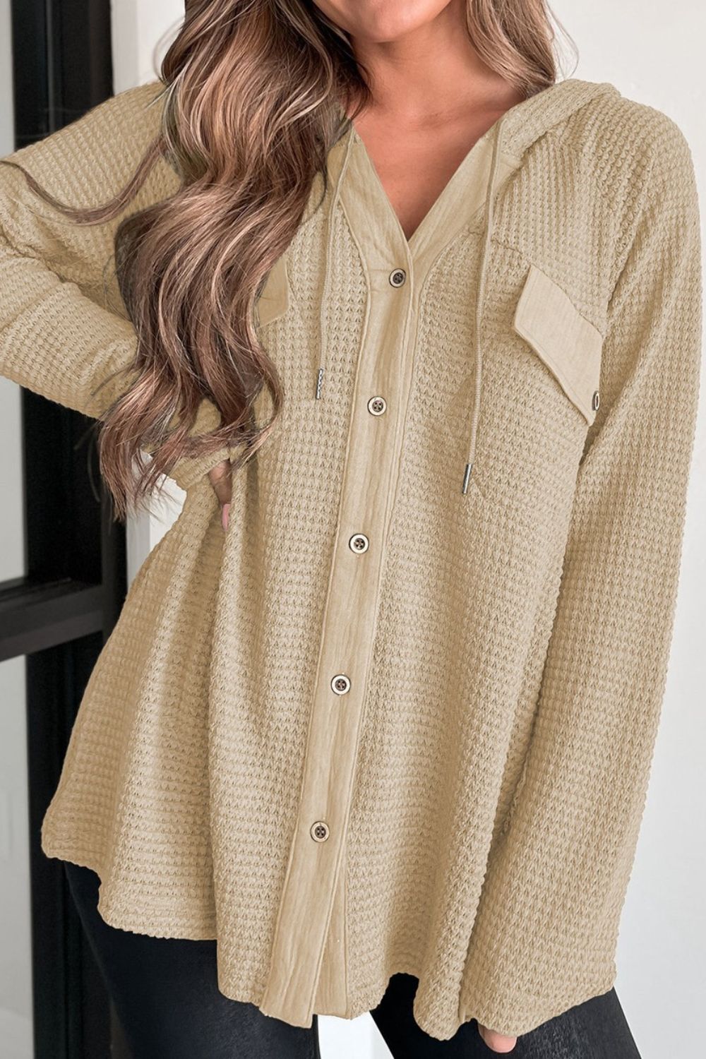 Waffle-Knit Button Up Drawstring Hoodie Beige
