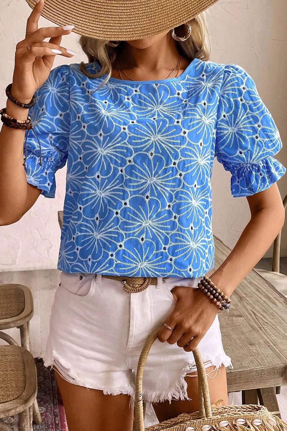 Eyelet Flower Embroidery Flounce Sleeve Blouse Blue