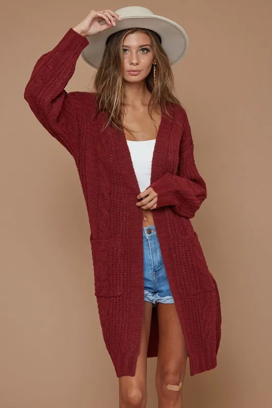 BiBi Cable-Knit Open Front Long Sleeve Cardigan