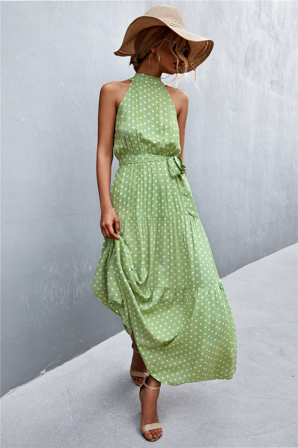 Printed Sleeveless Tie Waist Maxi Dress Gum Leaf