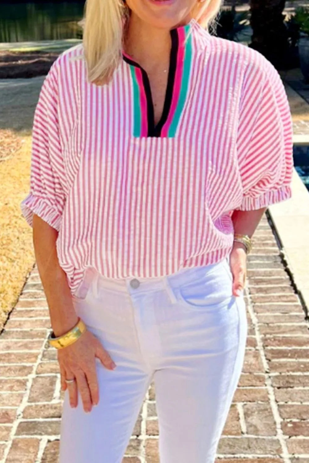 Striped Print Contrast Split Neck Dolman Sleeve Blouse