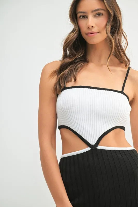 MABLE Ribbed Knit Color Block Cutout Midi Dress