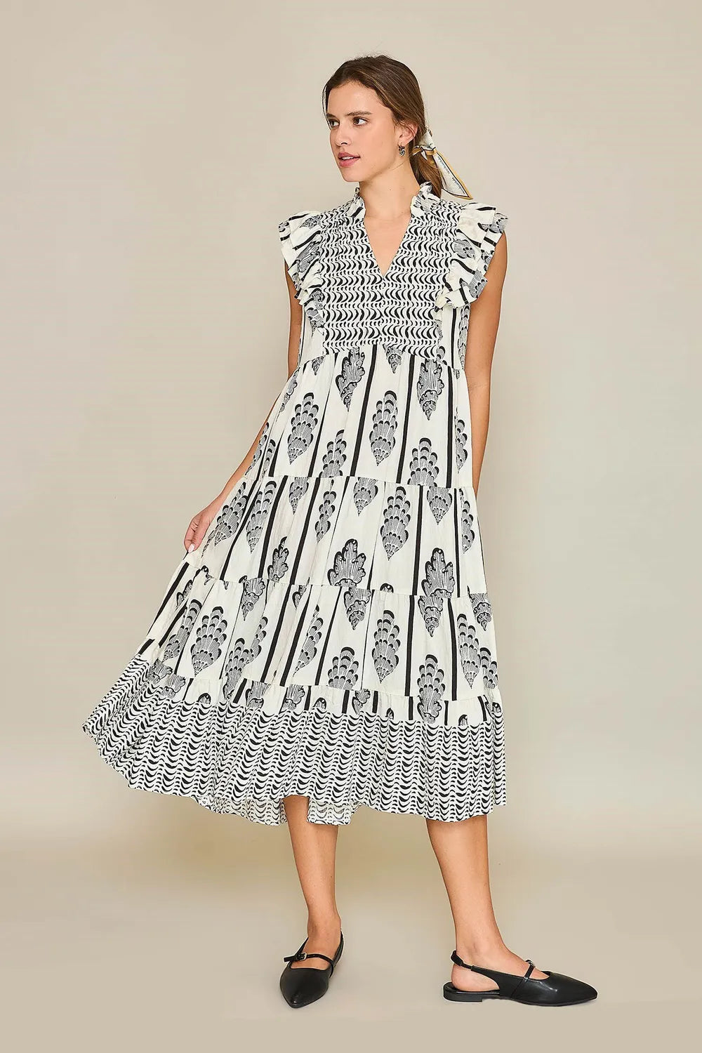 Umgee Full Size Boarder Print Midi Dress Plus Size CREAM BLACK