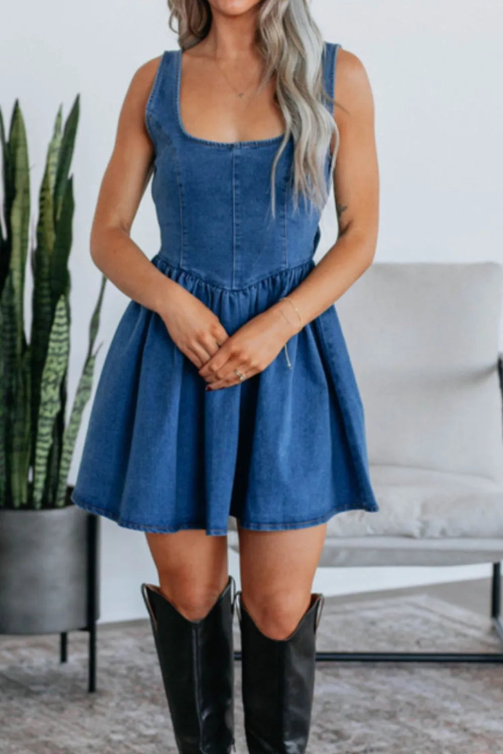 V-Back Bow Tie Denim Skater Dress
