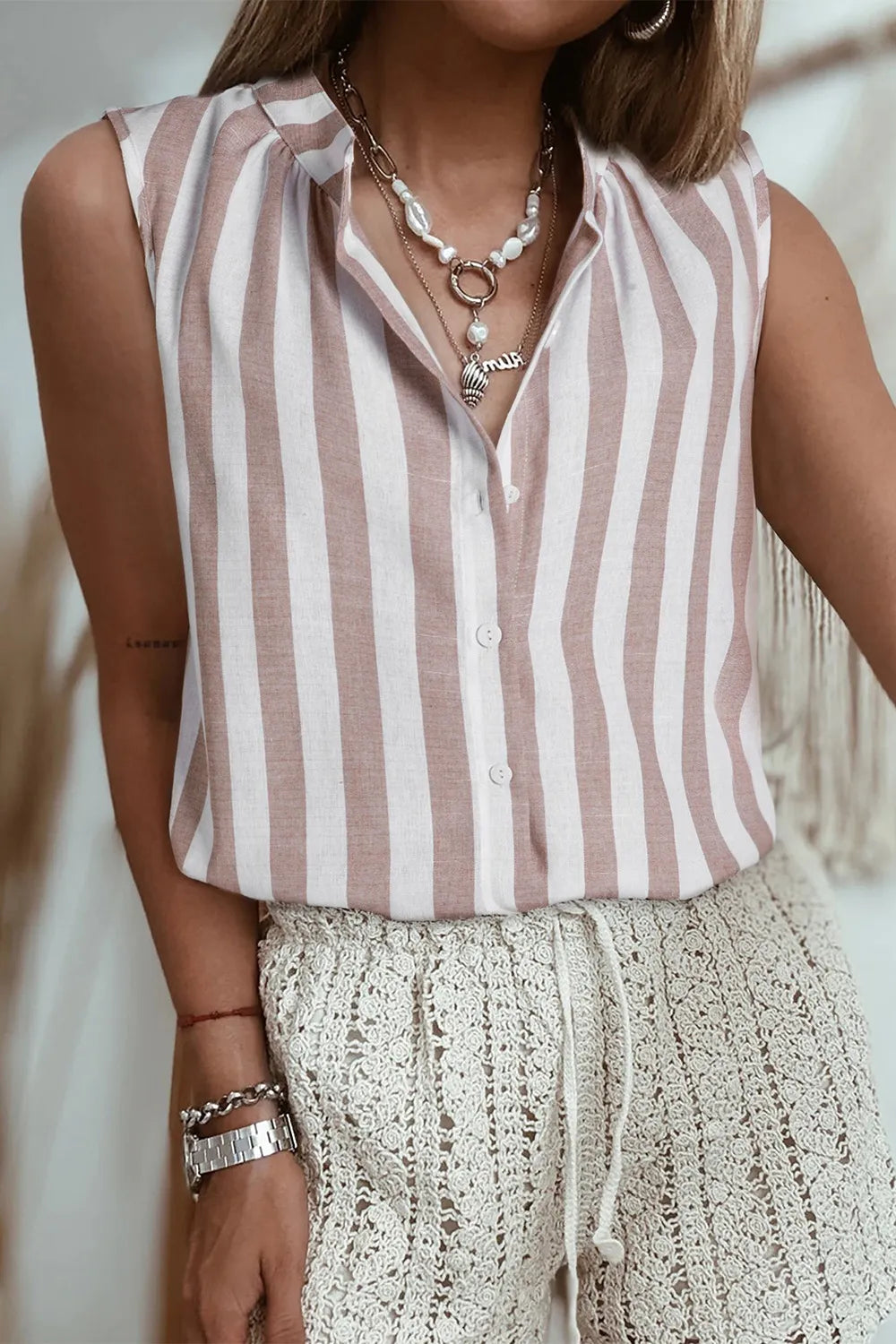 Stripe Button Down Sleeveless Shirt Stripe