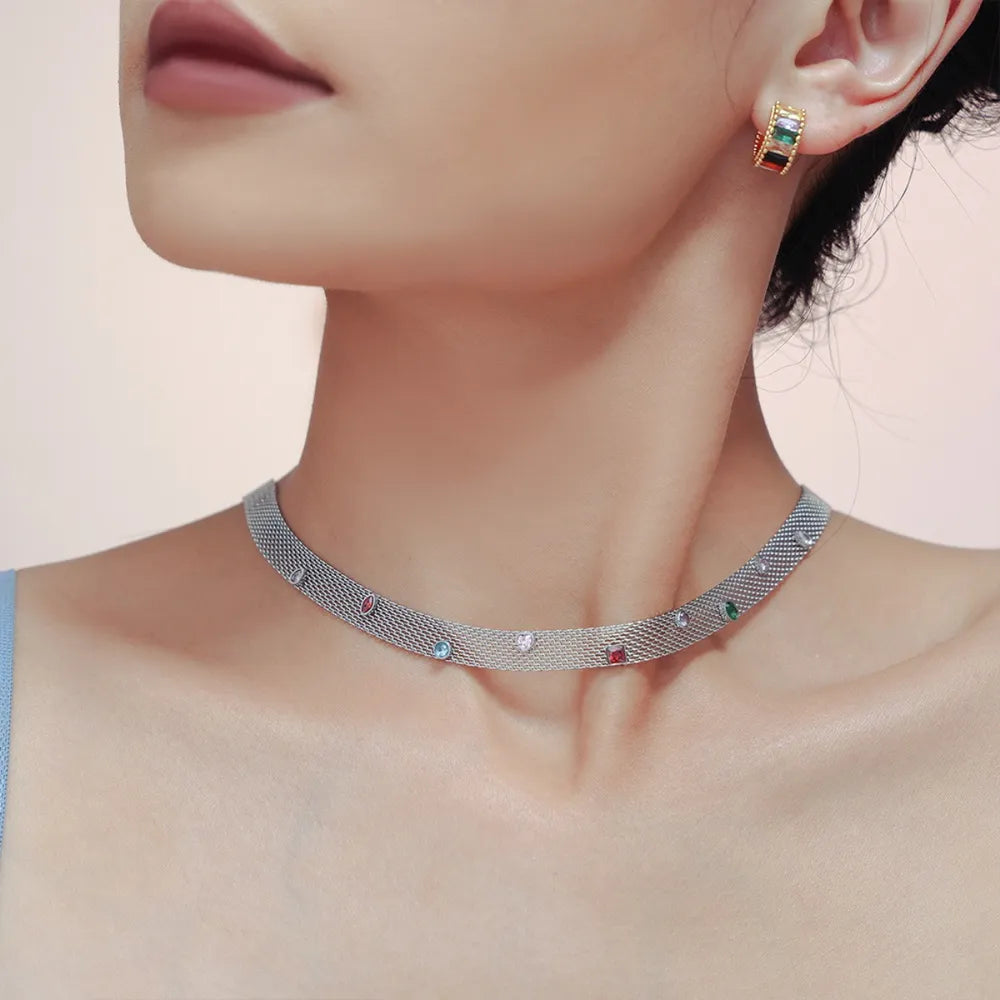 Titanium Steel Zircon Necklace Silver One Size
