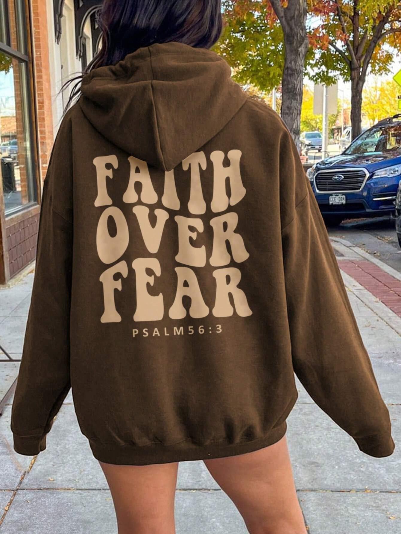FAITH OVER FEAR Dropped Shoulder Hoodie Dark Brown