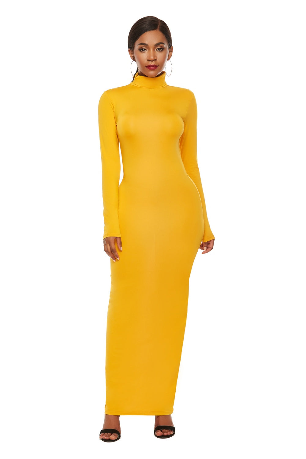 Mock Neck Long Sleeve Maxi Slim Dress Gold