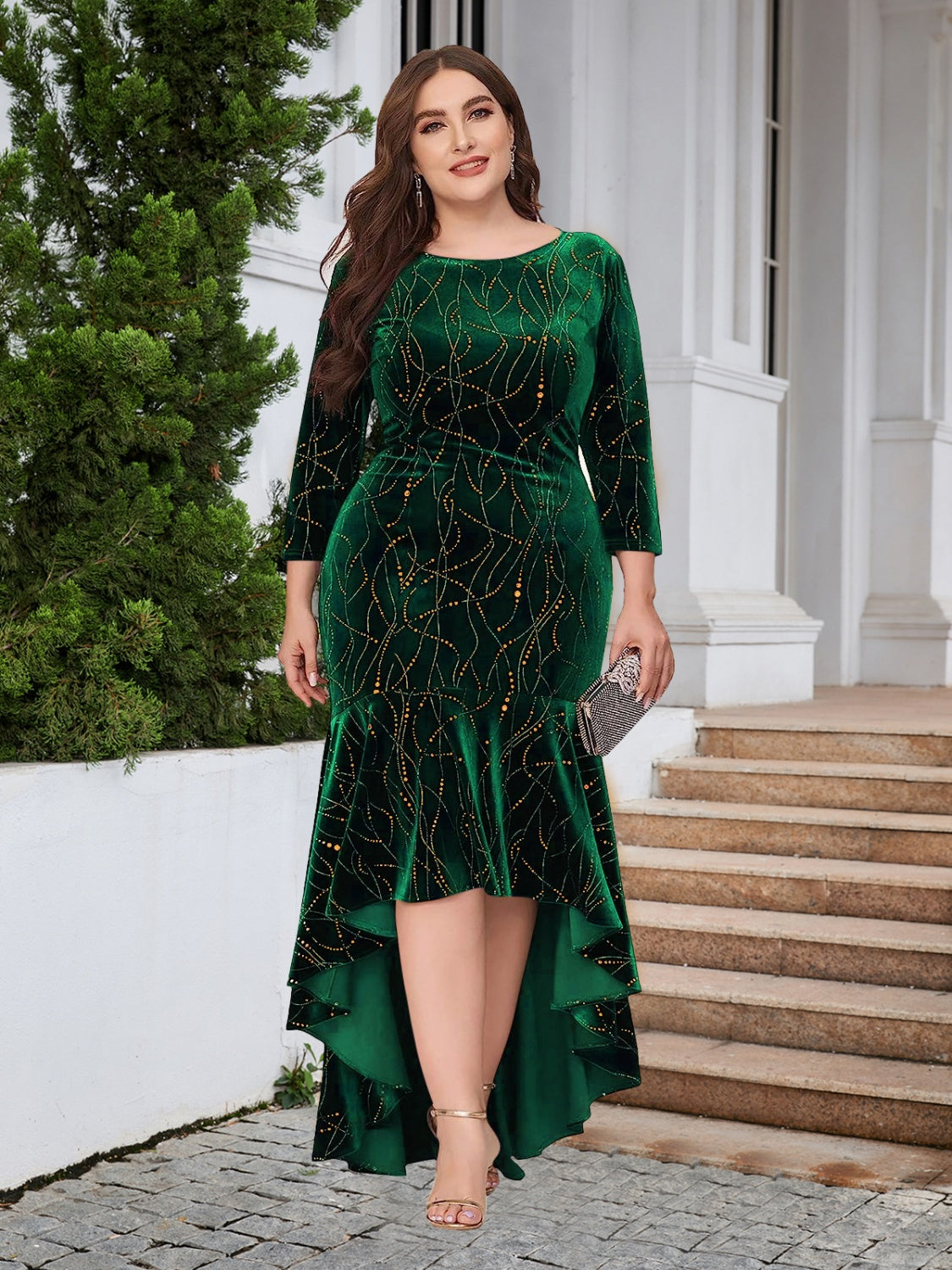 Plus Size Ruffle Hem High-Low Dress Dark Green