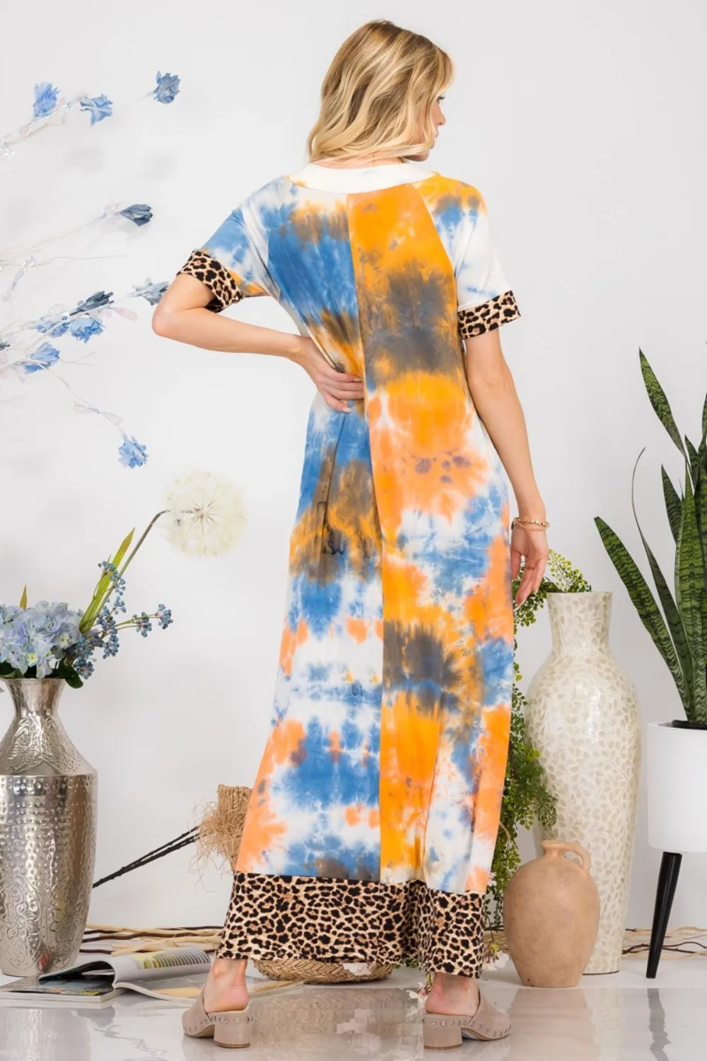 Celeste Full Size Leopard Tie-Dye Button Detail Short Sleeve Maxi Dress Plus Size