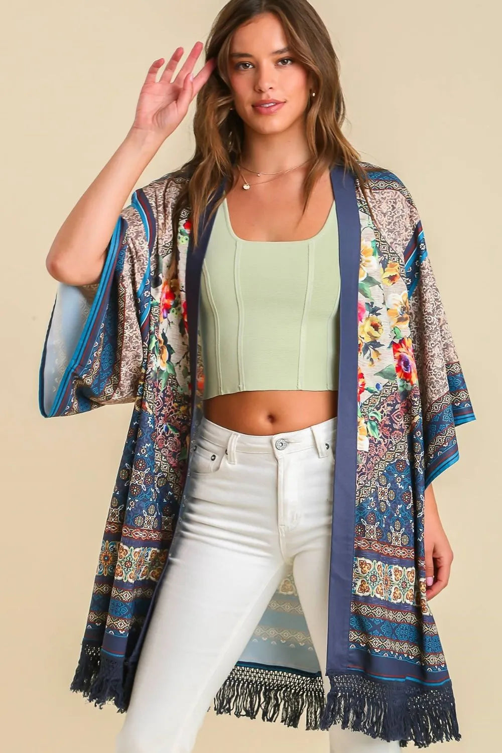 Umgee Full Size Fringe Hem Open Front Printed Kimono Sleeve Cover-Up Plus Size TEAL MIX