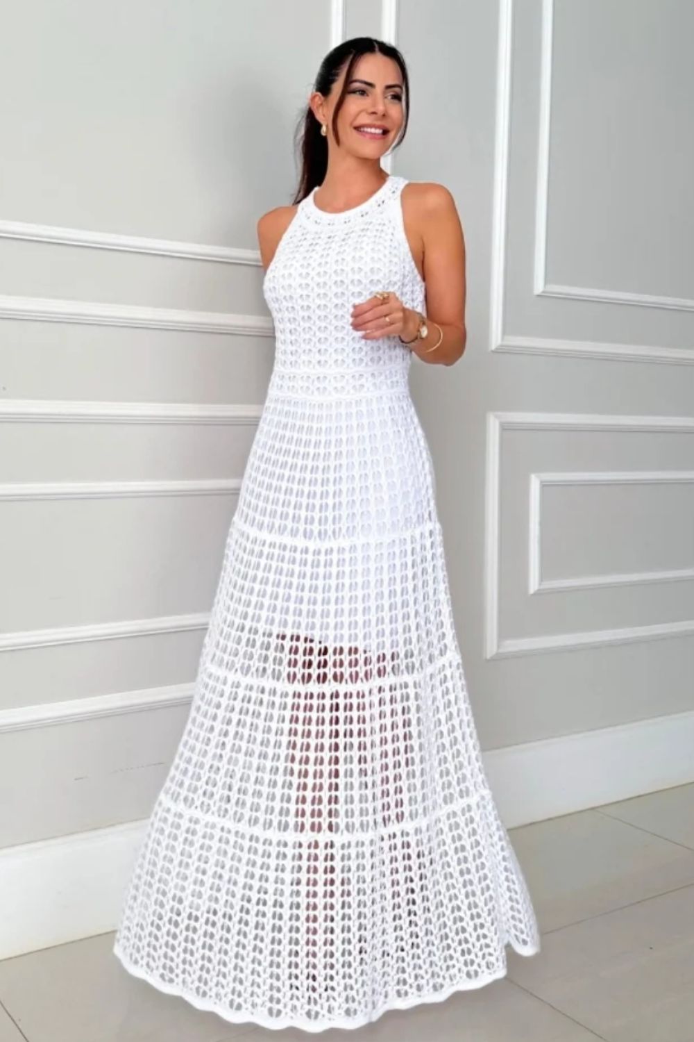 Hollowed-Out Sleeveless Maxi Dress White