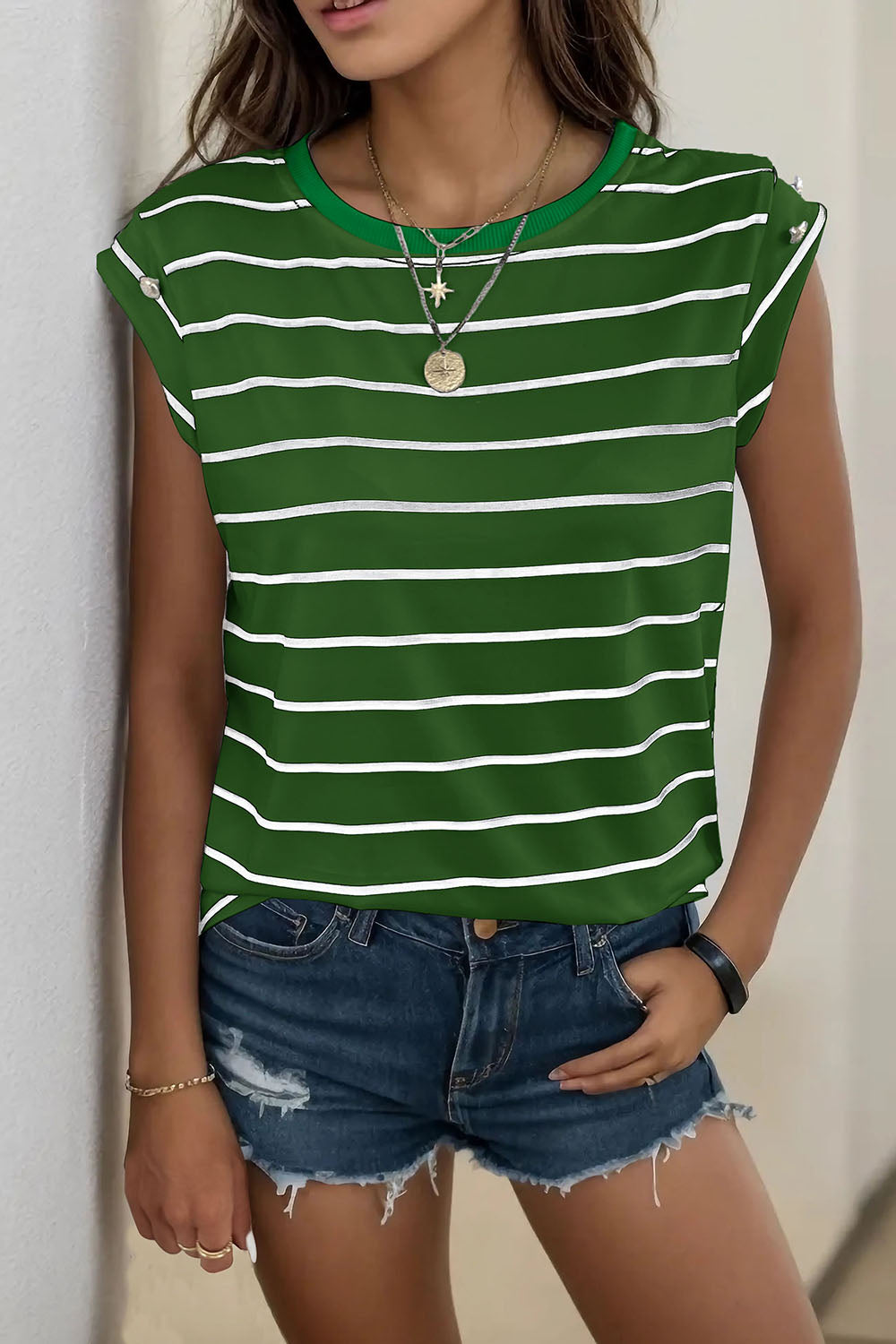 Perfee Decorative Button Round Neck T-Shirt Green