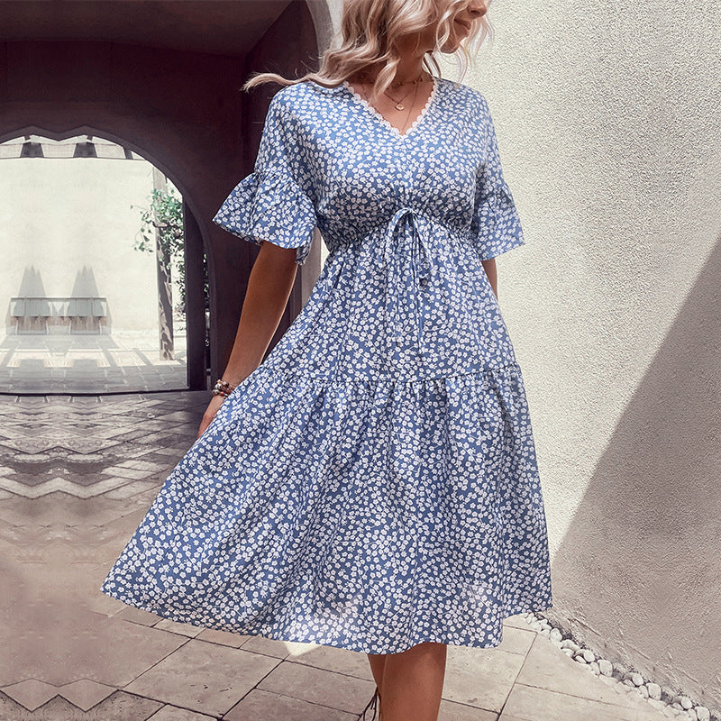 Perfee Floral Flounce Sleeve V-Neck Dress Light Blue XL