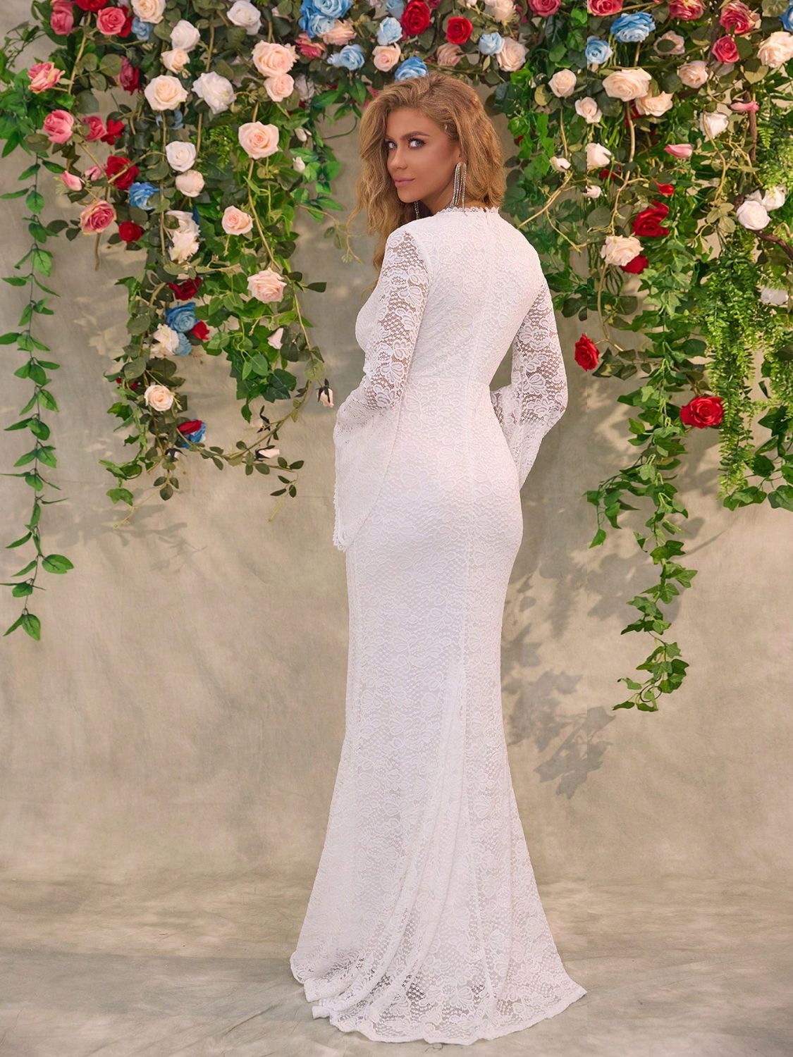 Lace Surplice Flare Sleeve Maxi Dress