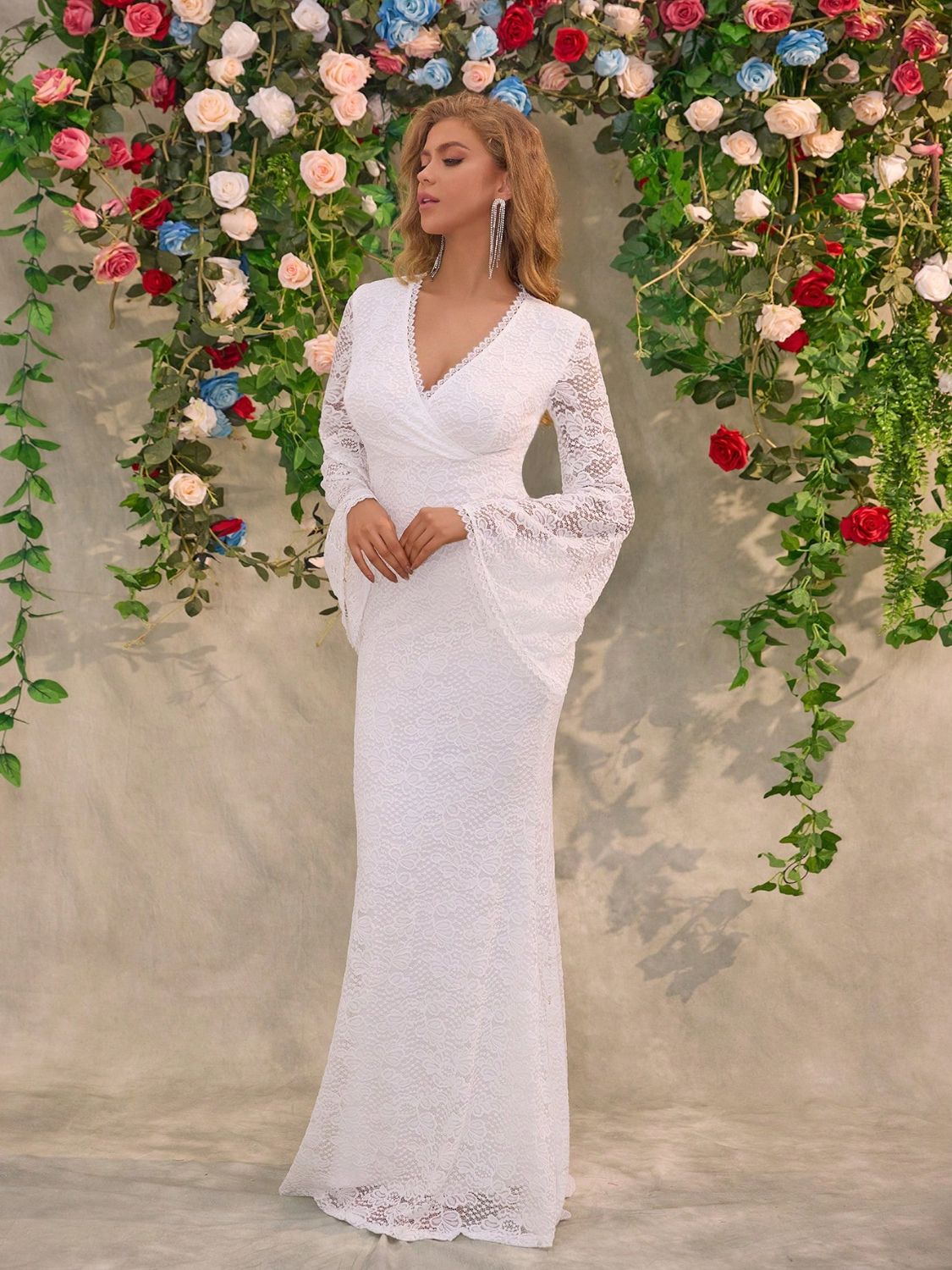 Lace Surplice Flare Sleeve Maxi Dress