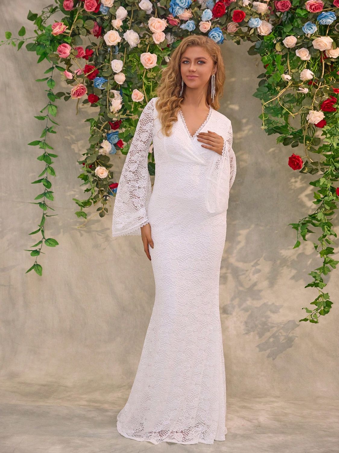 Lace Surplice Flare Sleeve Maxi Dress