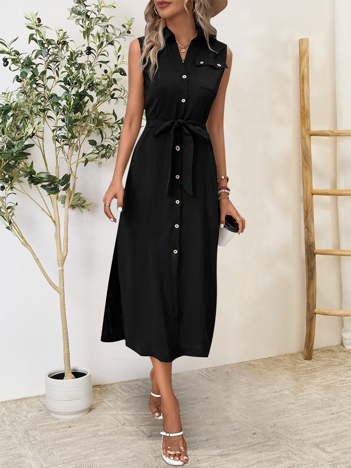 Perfee Button Up Sleeveless Midi Dress Black