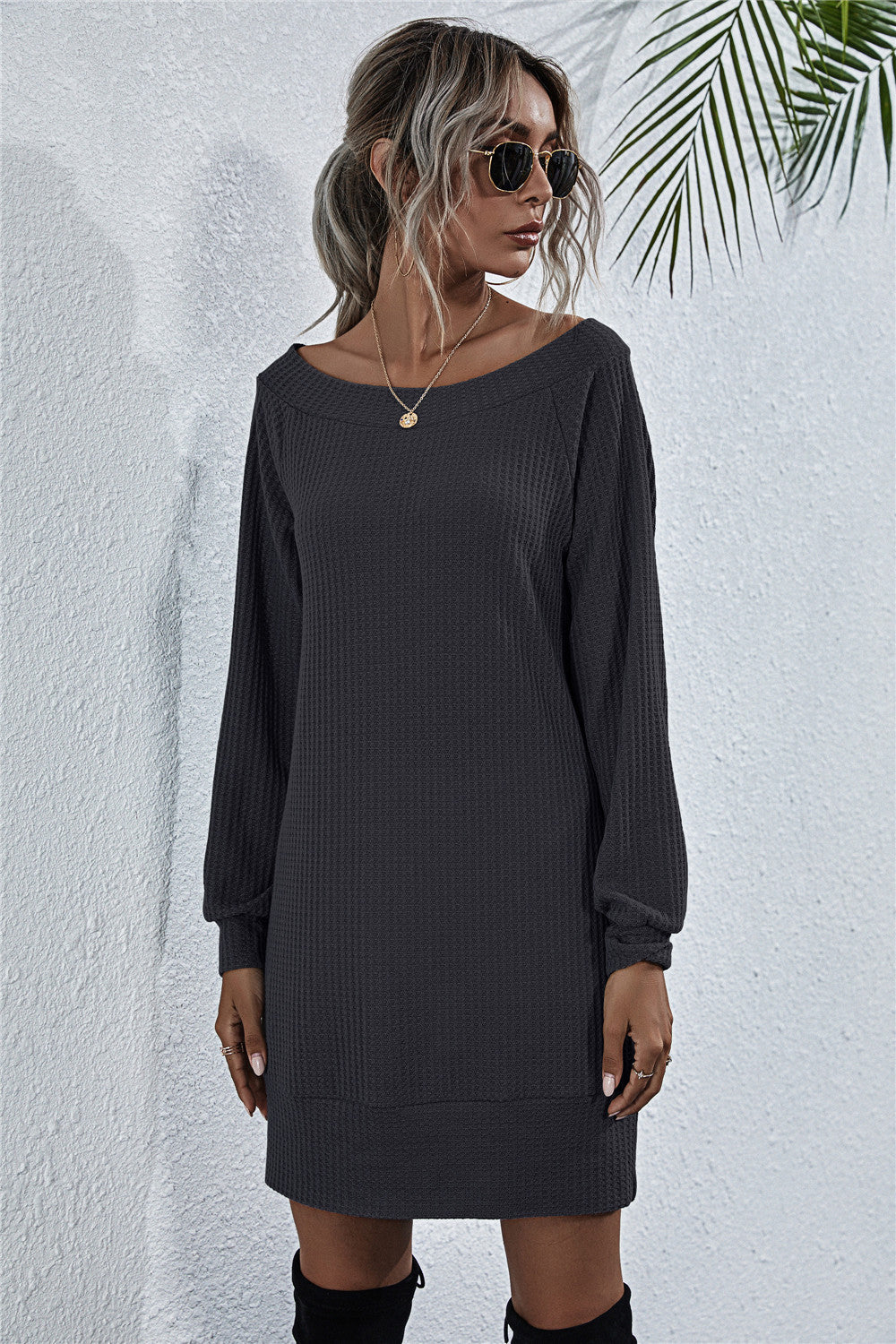 Waffle-Knit Boat Neck Mini Dress Dark Gray