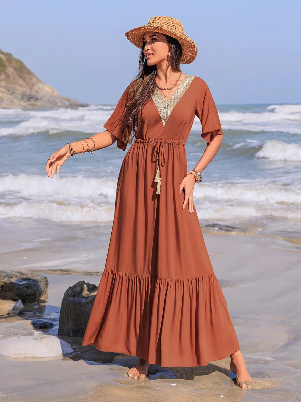 Ruffled Tassel V-Neck Flutter Sleeve Dress Terracotta