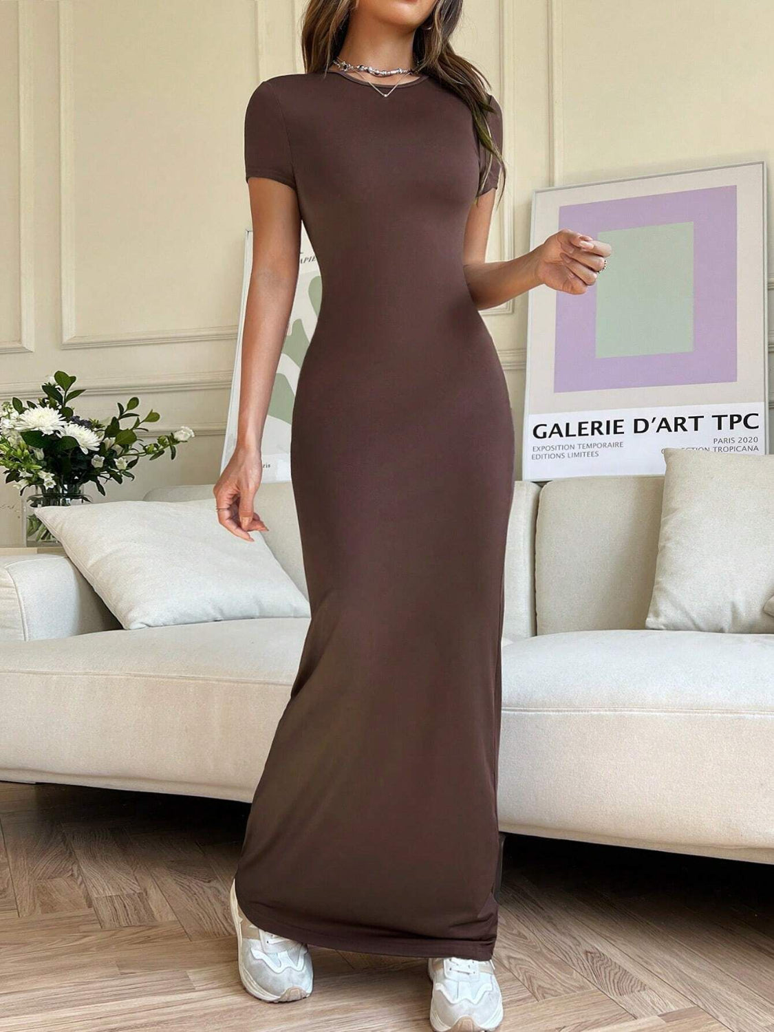 Short Sleeve Maxi Tee Dress Brown