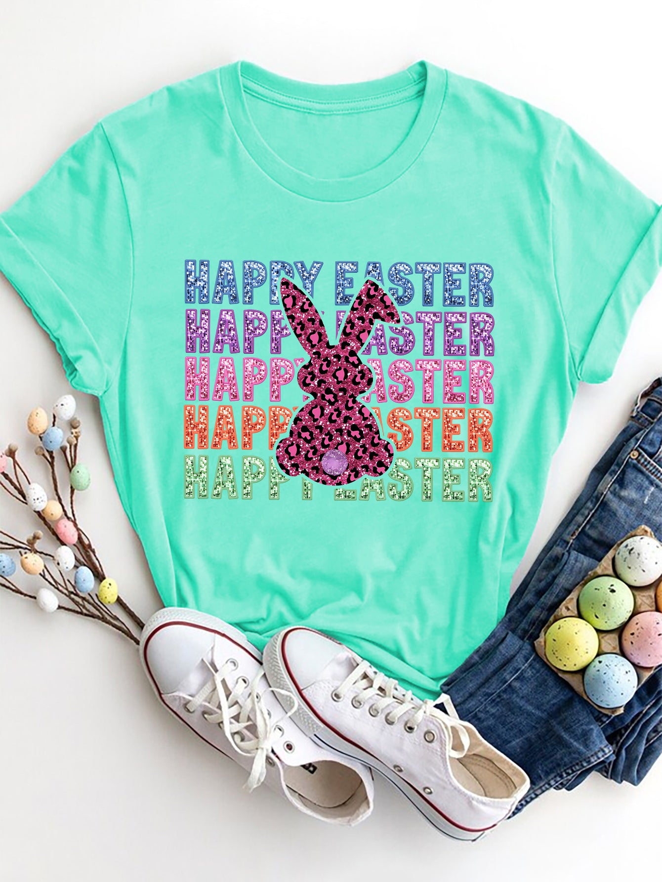 HAPPY EASTER Round Neck Short Sleeve T-Shirt Aqua