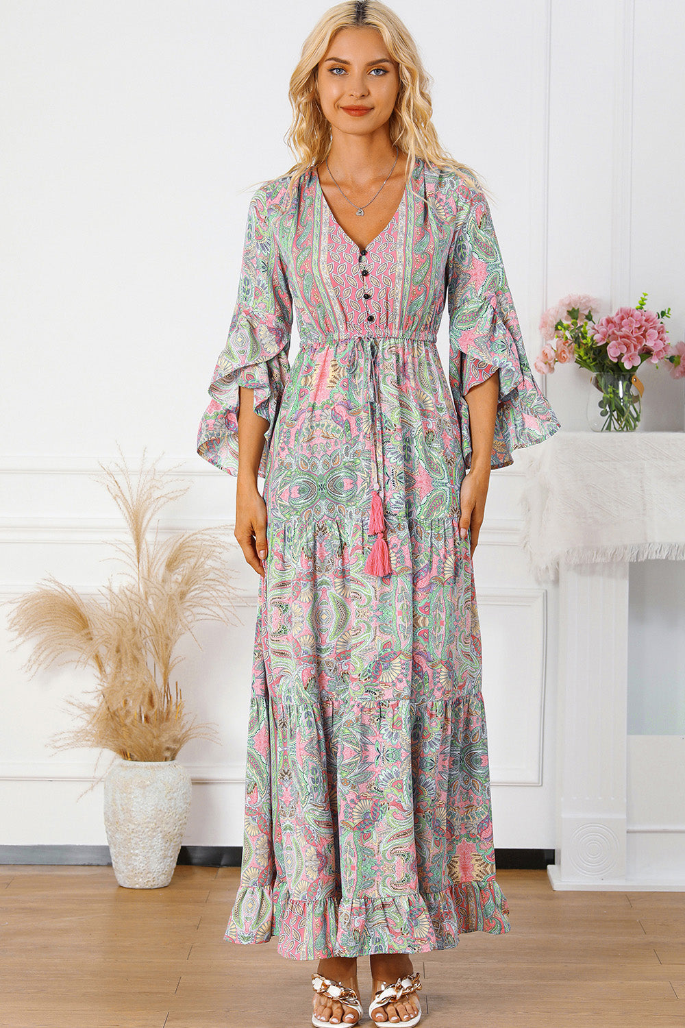 Printed Tassel Tie V-Neck Tiered Dress Multicolor