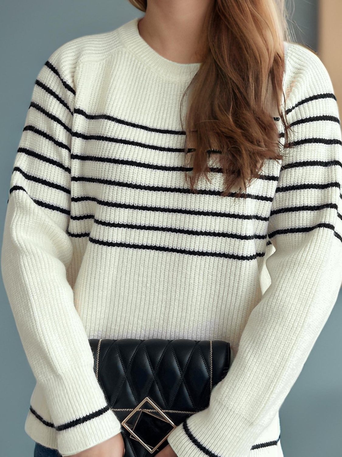 Striped Round Neck Long Sleeve Sweater White One Size