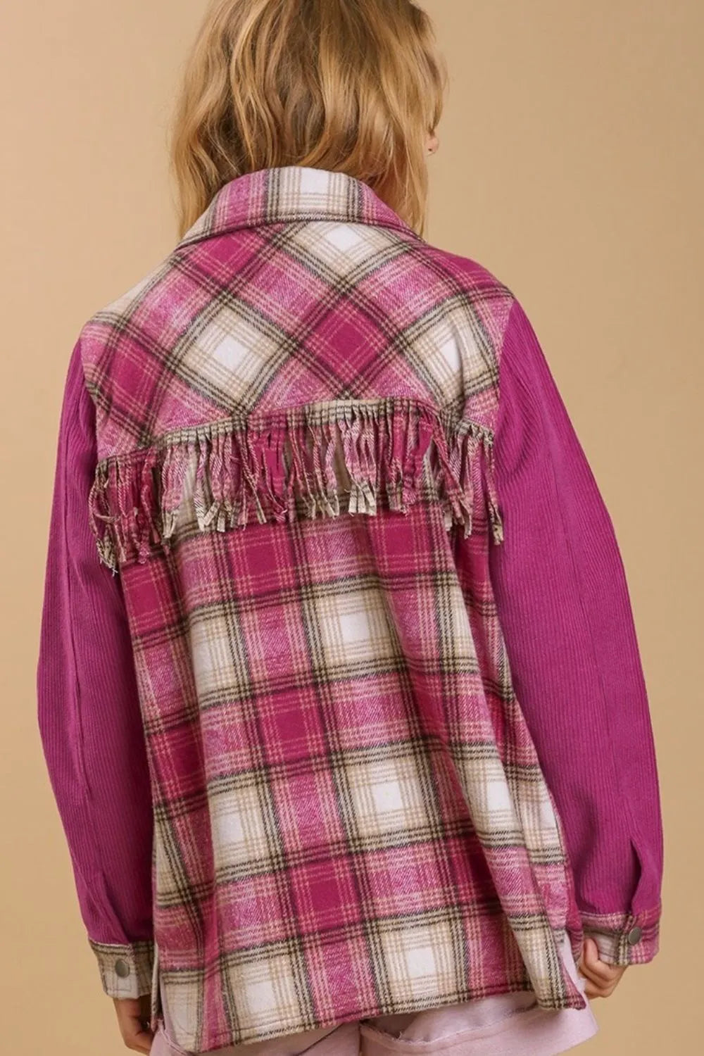 Umgee Full Size Twill Button Down Fringe Back Detail Shacket with Chest Pockets Plus Size