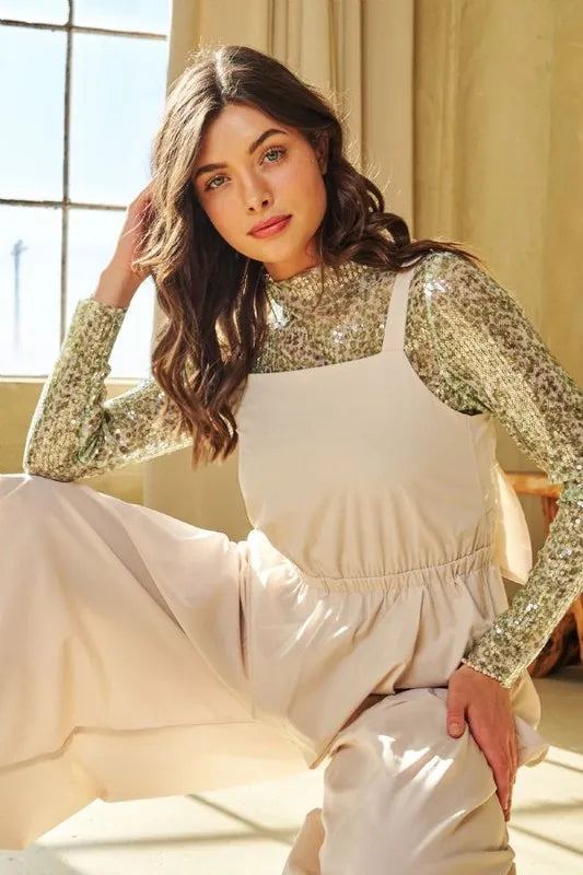 Davi & Dani Creased Wide Legs Elastic Waist Jumpsuit