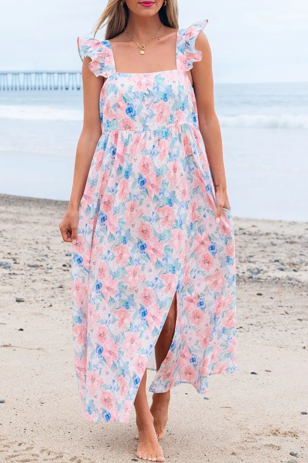 Floral Colorblock Flutter Straps Flowy Dress