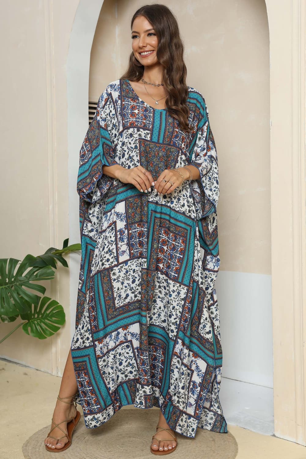 Printed V-Neck Split Maxi Dress Teal One Size