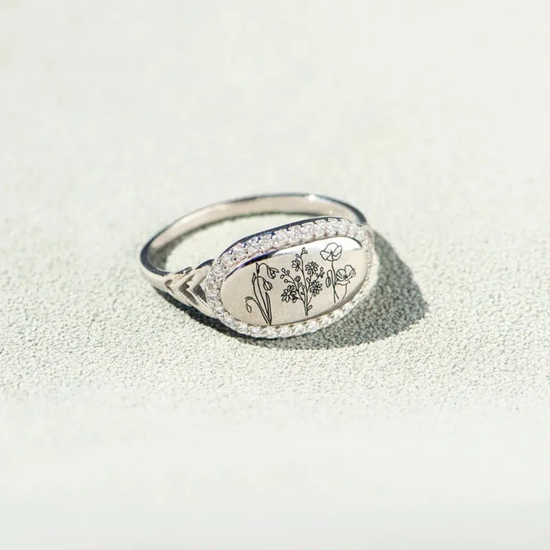 Flower Epoxy Gum Oil Inlaid Zircon Ring Silver