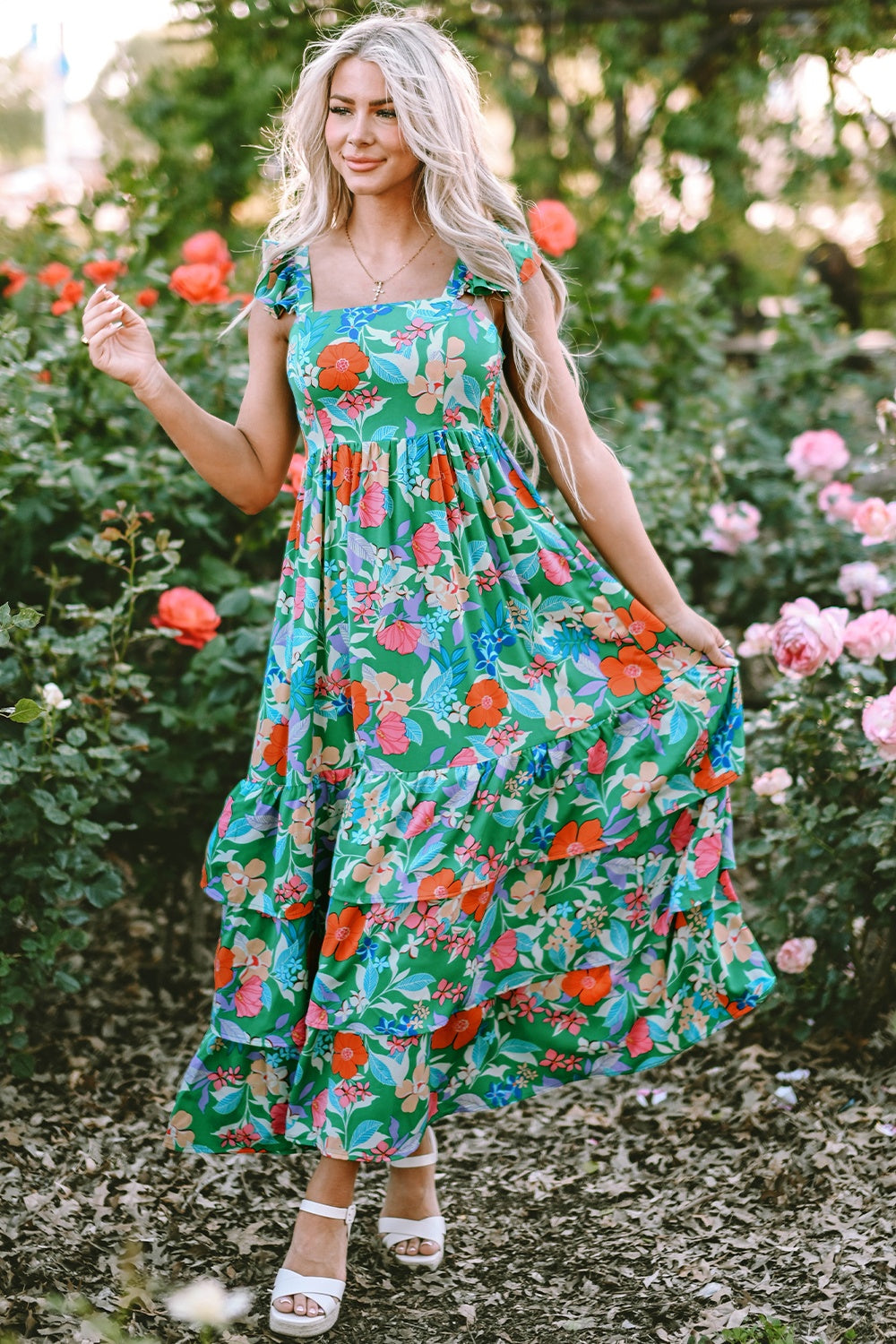 Tiered Ruffled Printed Sleeveless Dress Dark Green