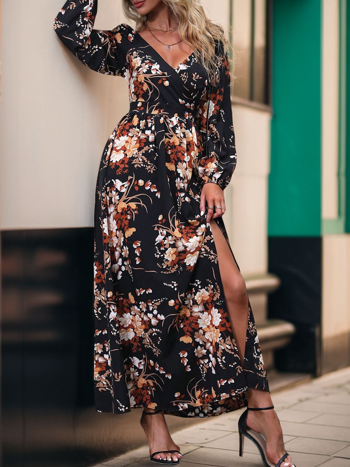 Perfee Slit Printed Surplice Long Sleeve Maxi Dress Black